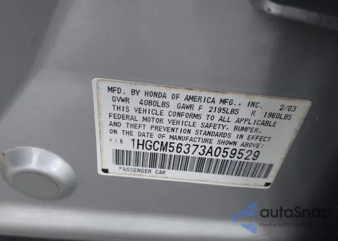 2003 Honda Accord 2.4 Lx z USA, uszkodzony, nr VIN 1HGCM56373A059529